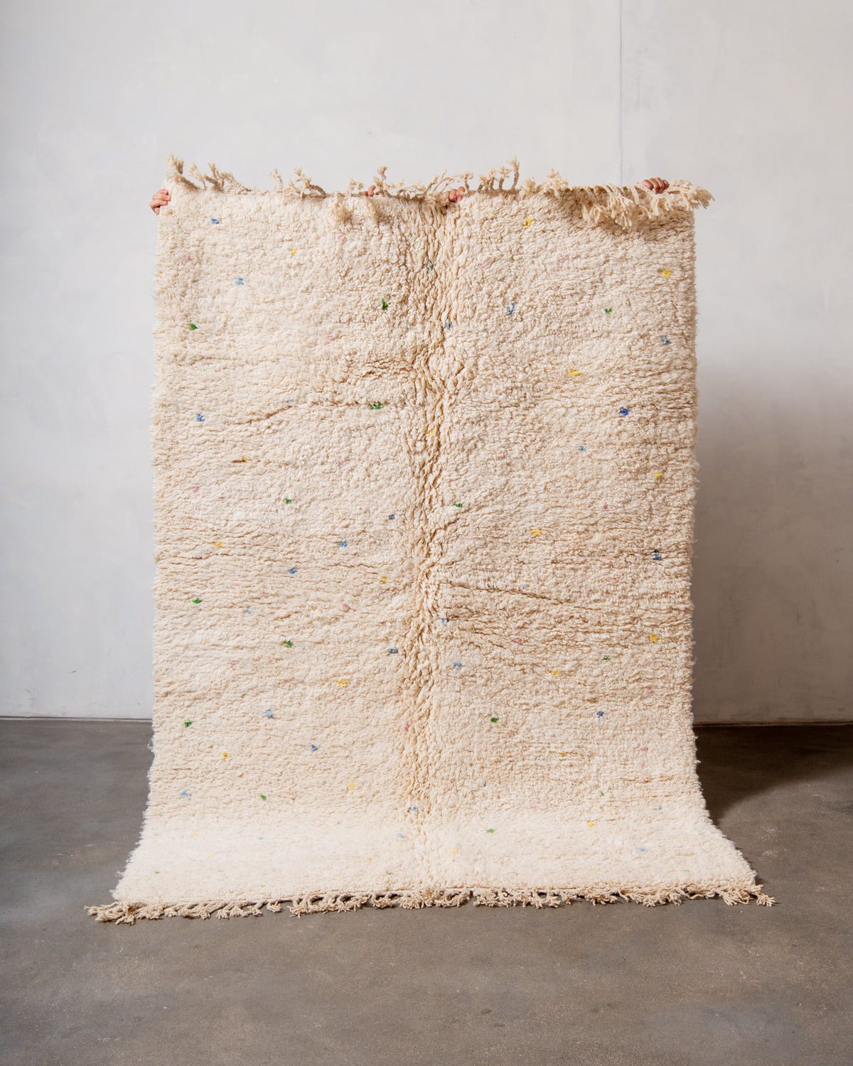 Modern, designer, handcrafted Berber rug from Morocco. Beniourain carpet with beautiful colours and patterns and fluffy wool texture.